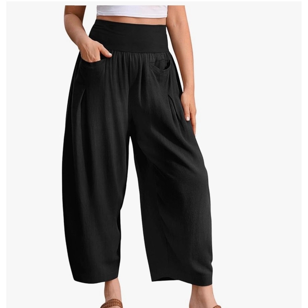 TARSE Women S Linen Blend Pants Black Elastic Waist Cropped Wide Leg Size S